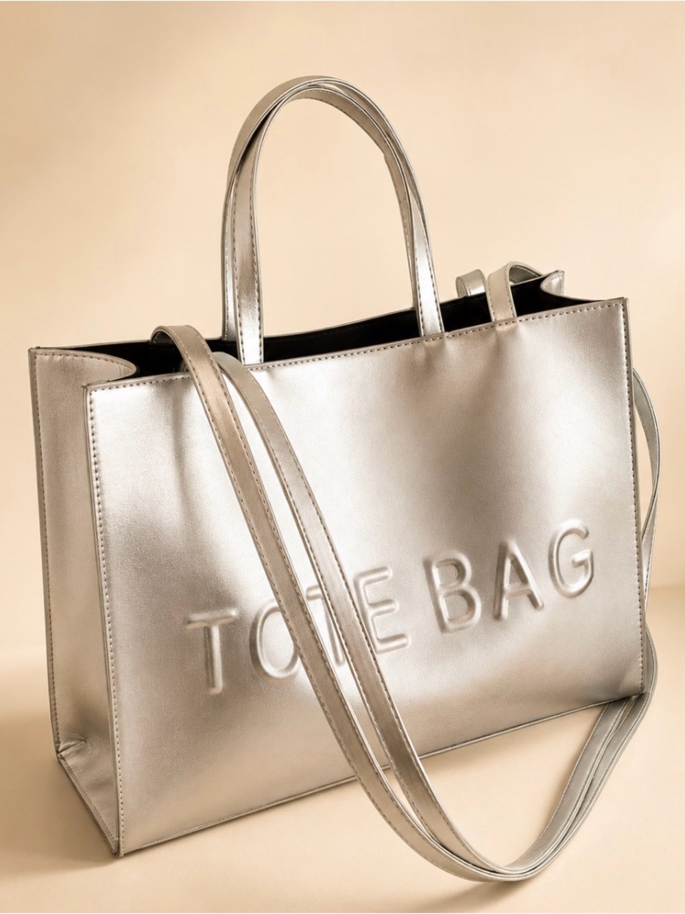 Metallic Silver Tote Bag with Embossed 'TOTE BAG'